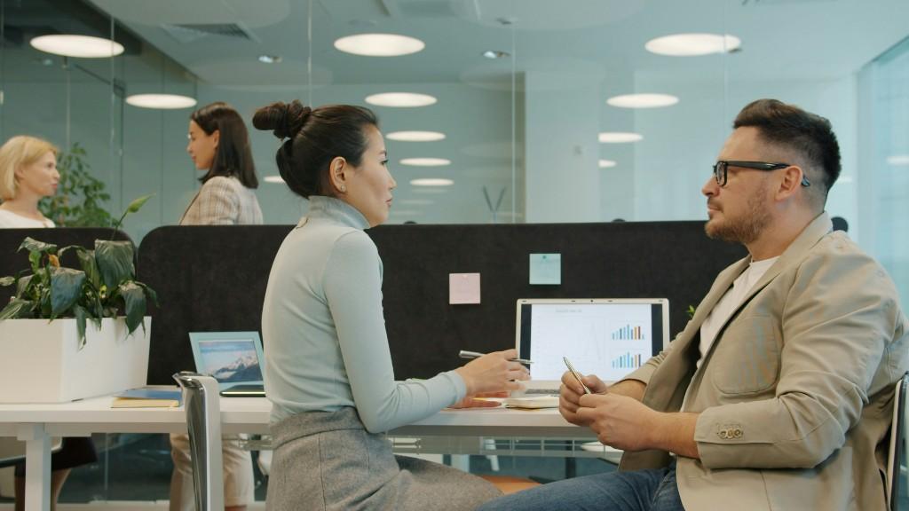 Two professionals reviewing data on a laptop during a consultation in a modern office