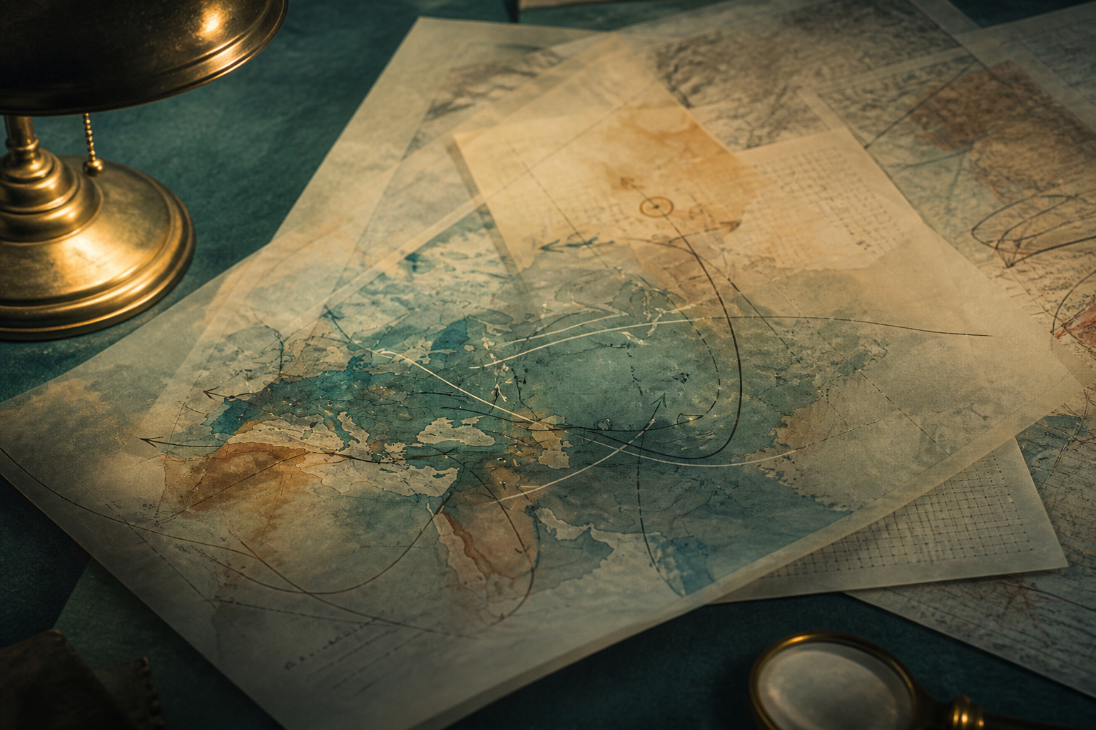 Layered translucent maps over a dark teal desk under a brass lamp
