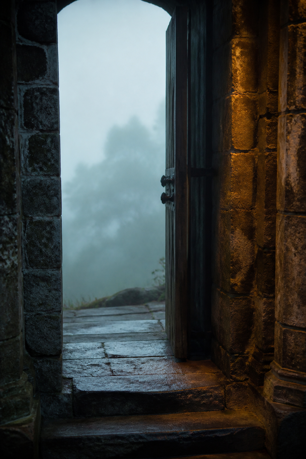 Stone threshold and open doorway with cool mist beyond